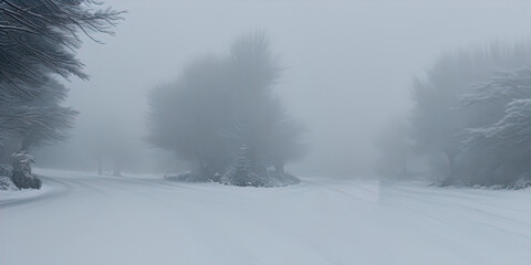 A land covered with snow by a blizzard. 