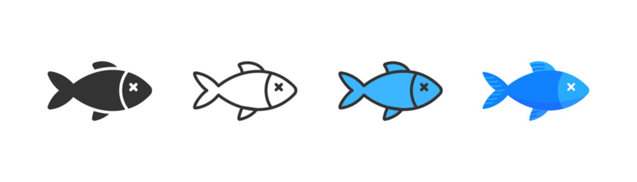 Fish icon on light background. Seafood symbol. Dead fish, salmon, swimming in water, aquarium. Outline, flat and colored style. Flat design. Vector illustration.