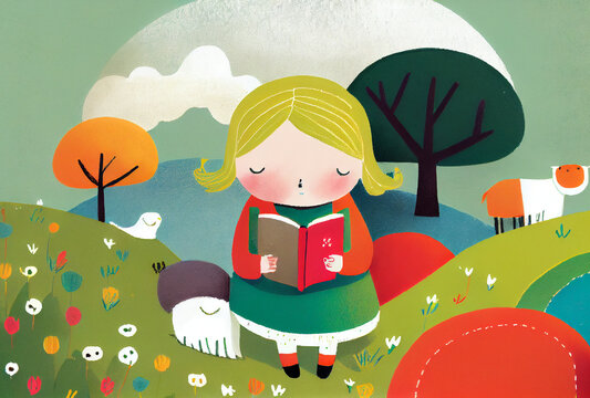 Minimalist childbook illustration blond girl reading book