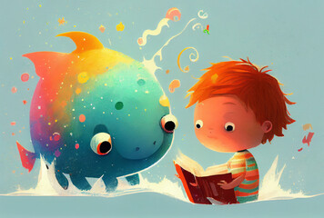 Minimalist childbook illustration boy reading book with goldfish