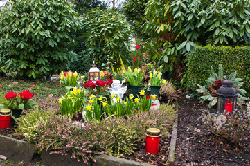 Frühlingserwachen auf einem Grab auf einem Friedhof in Velbert