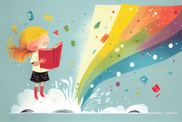Minimalist childbook illustration blonde girl reading book with rainbow.