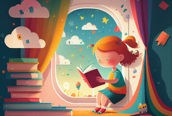 Minimalist childbook illustration blond girl reading a book near a window