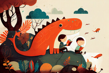 Minimalist childbook illustration boys reading book with a dinosaur