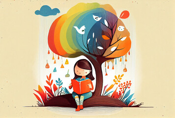 Minimalist childbook illustration girl reading book under a colorful tree