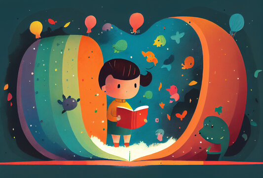 Minimalist childbook illustration girl reading book