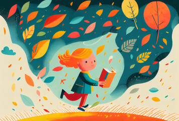 Minimalist childbook illustration blond girl reading a book in cloud of leafs