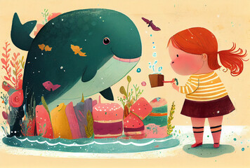 Minimalist childbook illustration girl playing with a whale