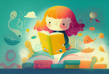 Minimalist childbook illustration redhead girl studying