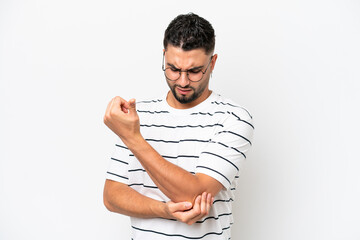 Young Arab handsome man isolated on white background with pain in elbow