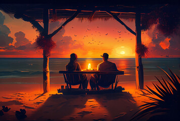 Obraz premium Romantic couple on a beach sunset having diner