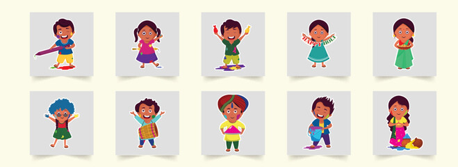 Sticker Style Cheerful Indian Kids or People Celebrating Holi Festival.