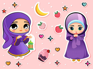 Sticker Style Cute Two Muslim Girls Character Holding Lantern With Glass And Strawberry, Cupcake And Stars, Hearts On Pink Background. Eid Or Ramadan Festival Concept.