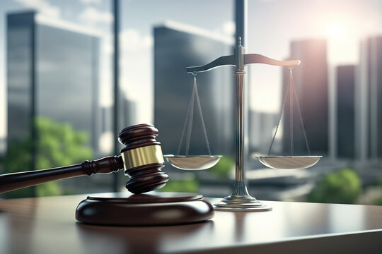 Judge gavel and Scales of Justice on background of modern scyscrapers. Law concept of Judiciary, Jurisprudence and Justice. Copy space. Based on Generative AI