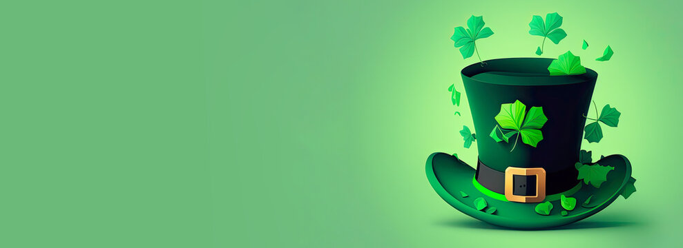3D Render of Leprechaun Hat With Decorative Clover Leaves On Pastel Green Background. St. Patrick's Day Concept.