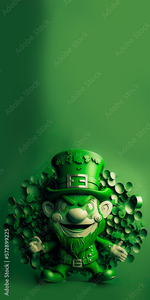 Wall mural Clay Modeling of Leprechaun Man On Green Paper Circles Background And Copy Space. 3D Render, St. Patrick's Day Concept.