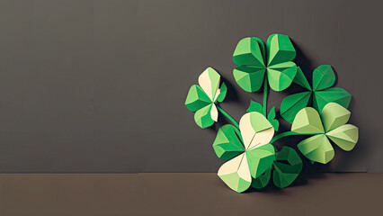 Green Origami Paper Clover Leaves On Dark Gray Background. 3D Render, St. Patrick's Day Concept.