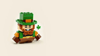 3D Render of Leprechaun Man Made By Building Blocks On Gray Background And Copy Space. St. Patrick's Day Concept.