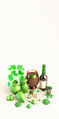 St. Patrick's Day Setup with Clover Leaves, Traditional Pots and Beer Bottle. 