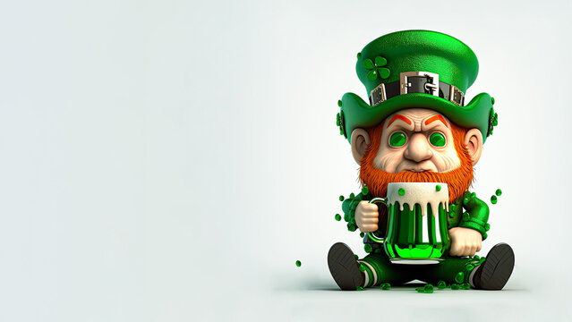 Clay Modeling of Leprechaun Man Sitting With Hold Beer Mug And Copy Space. 3D Render, St. Patrick's Day Concept.