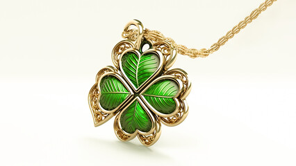 3D Render of Glossy Green And Golden Clover Pendant And Copy Space. St Patricks Day Concept.