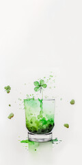 3D Render of Splashing Green Cocktail Drink Glass With Clover Leaves And Copy Space. St Patricks Day Concept.