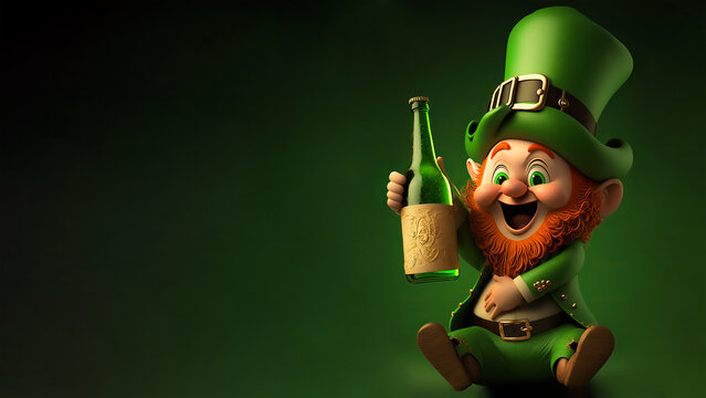 3D Render of Cheerful Leprechaun Man Holding Wine Bottle In Sitting Pose On Green Background. St. Patrick's Day Concept.