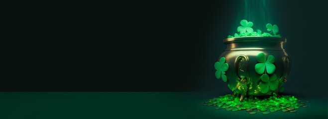 Saint Patricks Day Concept with Ethnic Pot and Clover Leaves.