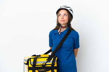 Lithuanian woman with thermal backpack and looking up