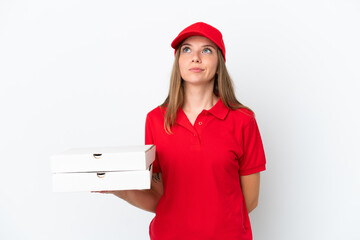 Pizza delivery Lithuanian woman isolated on white background and looking up