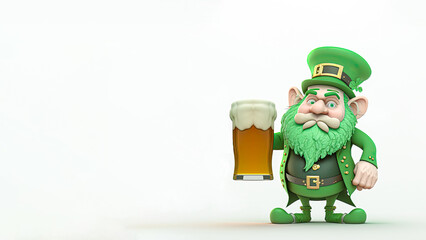 3D Render of Leprechaun Man Holding Beer Glass And Copy Space. St. Patrick's Day Concept.