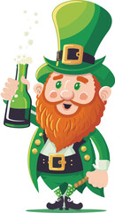 Funny Leprechaun Man Character Holding Beer Bottle In Standing Pose.