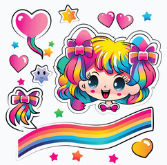 Rainbow Blank Ribbon With Cheerful Cute Girl Character With Bow Ribbon, Hearts, And Stars.