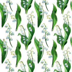 Watercolor seamless pattern lily of the valley, white flowers and green leaves. Botany background of first spring flower in natural style. Design for covers, packaging, fabric.