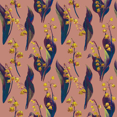 Watercolor seamless pattern with yellow neon flowers and blue leaves. Botany background of forest spring flower in modern style. Design for covers, packaging, fabric, wallpaper.