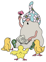 Happy Easter illustration. Cute gnomes with chickens. Hand drawn colored elements isolated on transparent background.