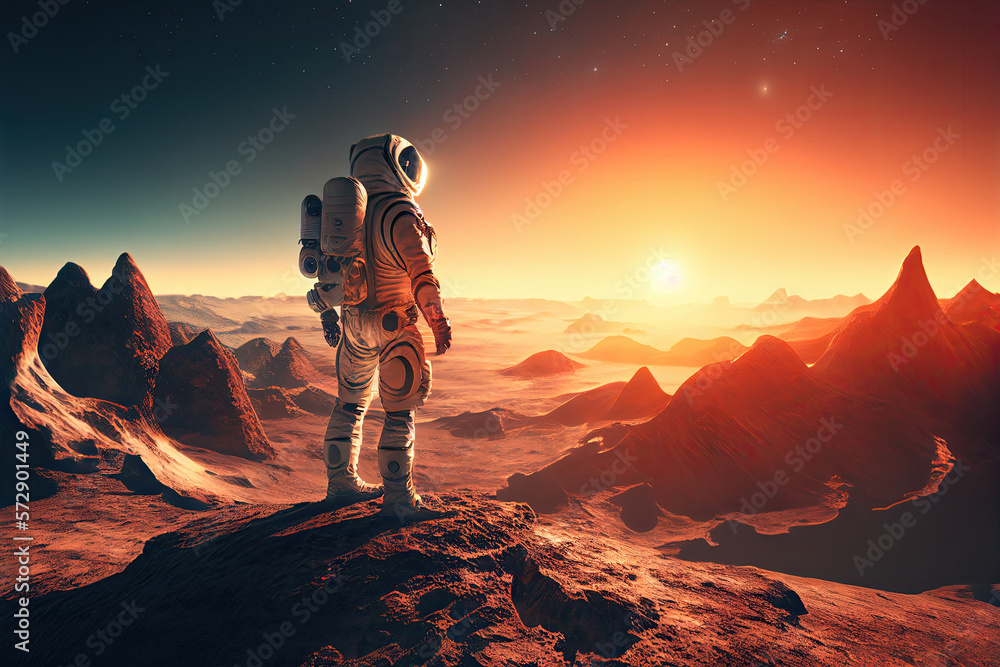 Wall mural alone astronaut in space suit on surface of red planet. space exploration, colonization of new plane