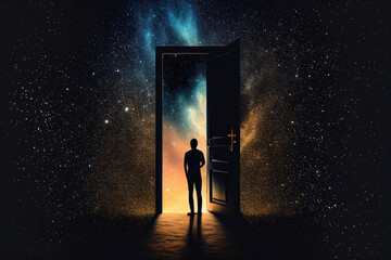 Human silhouette standing in front of open door and looking into space galaxy background. Magic portal to another world. Concept of dreams and freedom. Created with Generative AI - obrazy, fototapety, plakaty