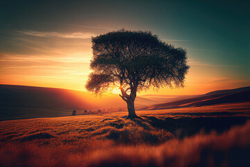 Alone tree silhouette in the field against dramatic sunset sky. Nature background. Created with Generative AI