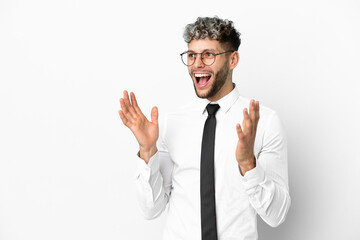 Business caucasian man isolated on white background with surprise facial expression