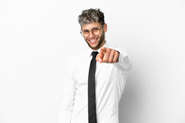 Naklejka premium Business caucasian man isolated on white background points finger at you with a confident expression