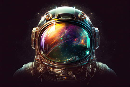 Front view astronaut potrait. Astronaut in space suit with galaxy and nebula reflection in helmet glass. Deep space exploration. Created with generative ai