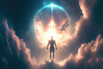 Levitating human soul in heaven. Astral body and after life concept. Created with Generative AI