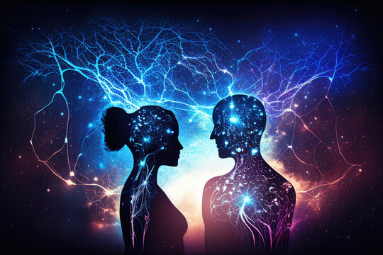 Spiritual connection between people. Couple souls silhouettes on absctract cosmic background. Man and woman forever together, love after life. Created with Generative AI