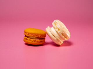 Macaroons with fruits on a pink background, pastry chef making macaroons, fine dining restaurant desert menu.