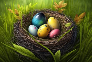 Obraz premium Nest with easter colorful eggs in grass on a sunny spring day. Ai generative.