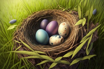 Nest with easter colorful eggs in grass on a sunny spring day. Ai generative.