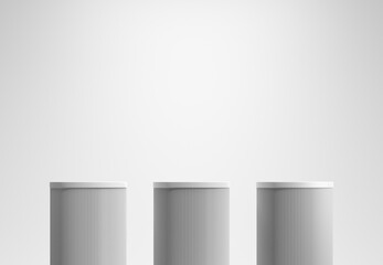 Three white podiums on an isolated background, white geometric, round realistic pedestal, cosmetic showcase, template, copy space, advertising, product display, 3D Rendering