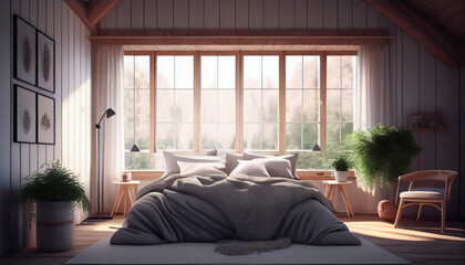 Modern bedroom interior with large windows. Generative AI