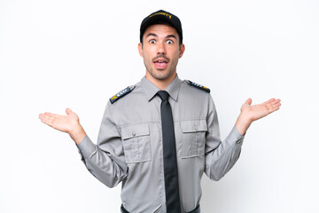 Young safeguard man over isolated white background with shocked facial expression